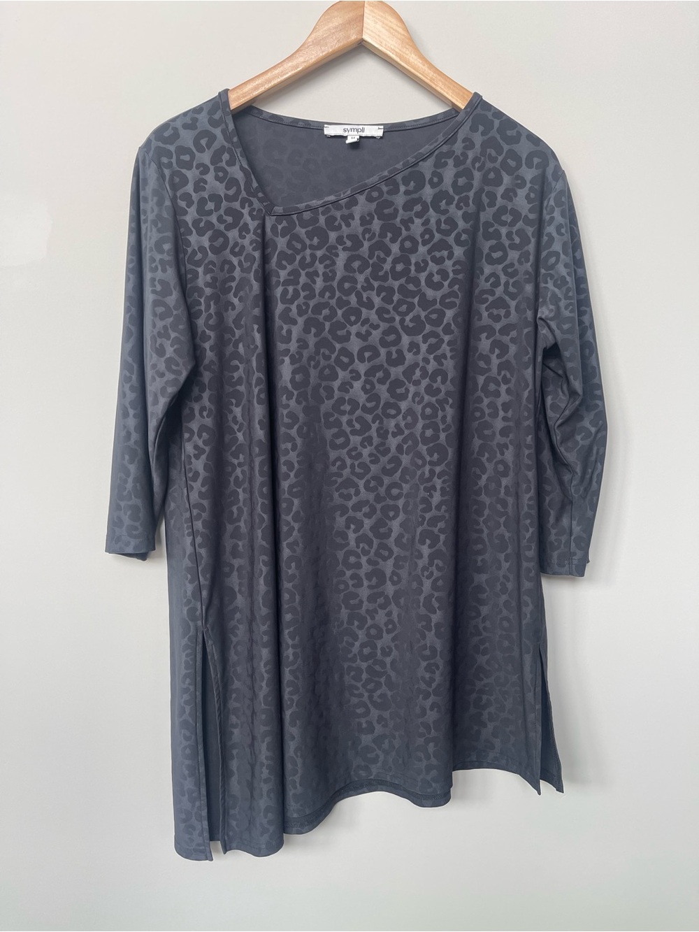 Sympli | Gray Leopard Printed Jersey Stretch Tunic Top Asymmetrical Neckline